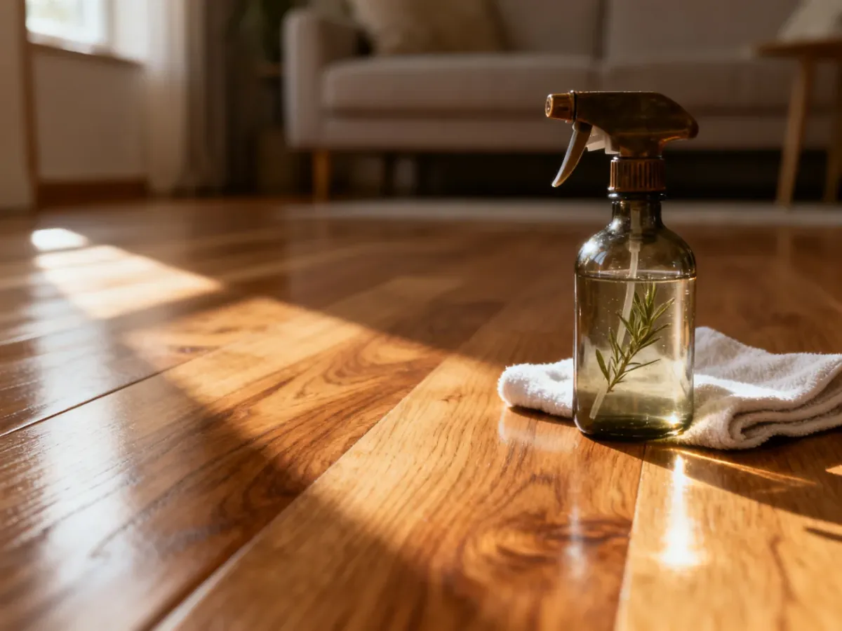 Lśniąca dębowa podłoga z bawełnianą ściereczką i butelką naturalnego płynu do czyszczenia w słonecznym salonie.