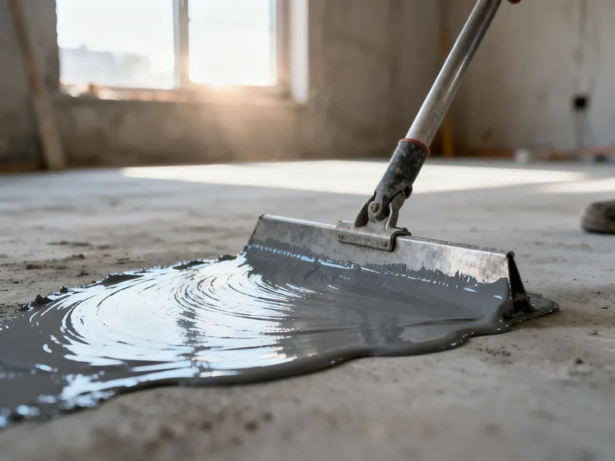 Profesjonalne nakładanie szarej folii w płynie na betonowe podłoże za pomocą metalowej pacy.