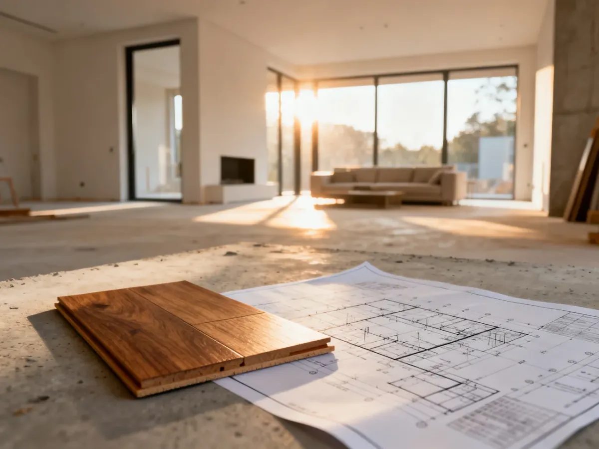 Próbka podłogi i projekt architektoniczny na tle nowoczesnego, wykańczanego wnętrza domu z dużymi oknami.