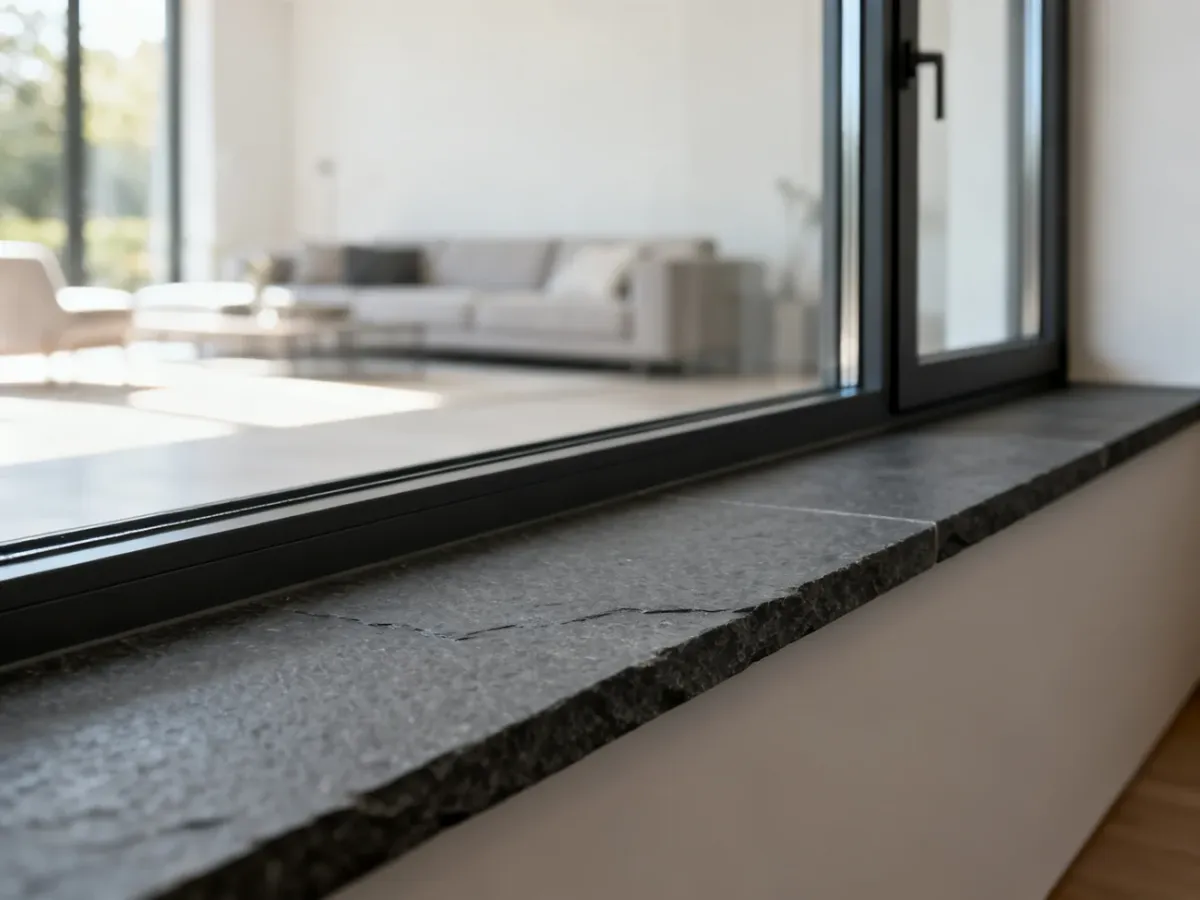Elegancki parapet z ciemnoszarego łupka, idealnie dopasowany do antracytowej ramy okiennej w nowoczesnym wnętrzu.