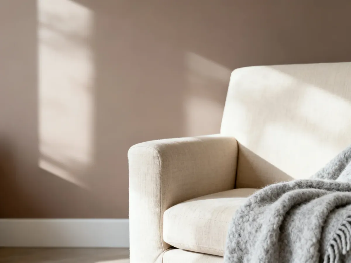 Minimalistyczny salon w odcieniach beżu i szarości, prezentujący harmonijne połączenie neutralnych barw w aranżacji wnętrz.