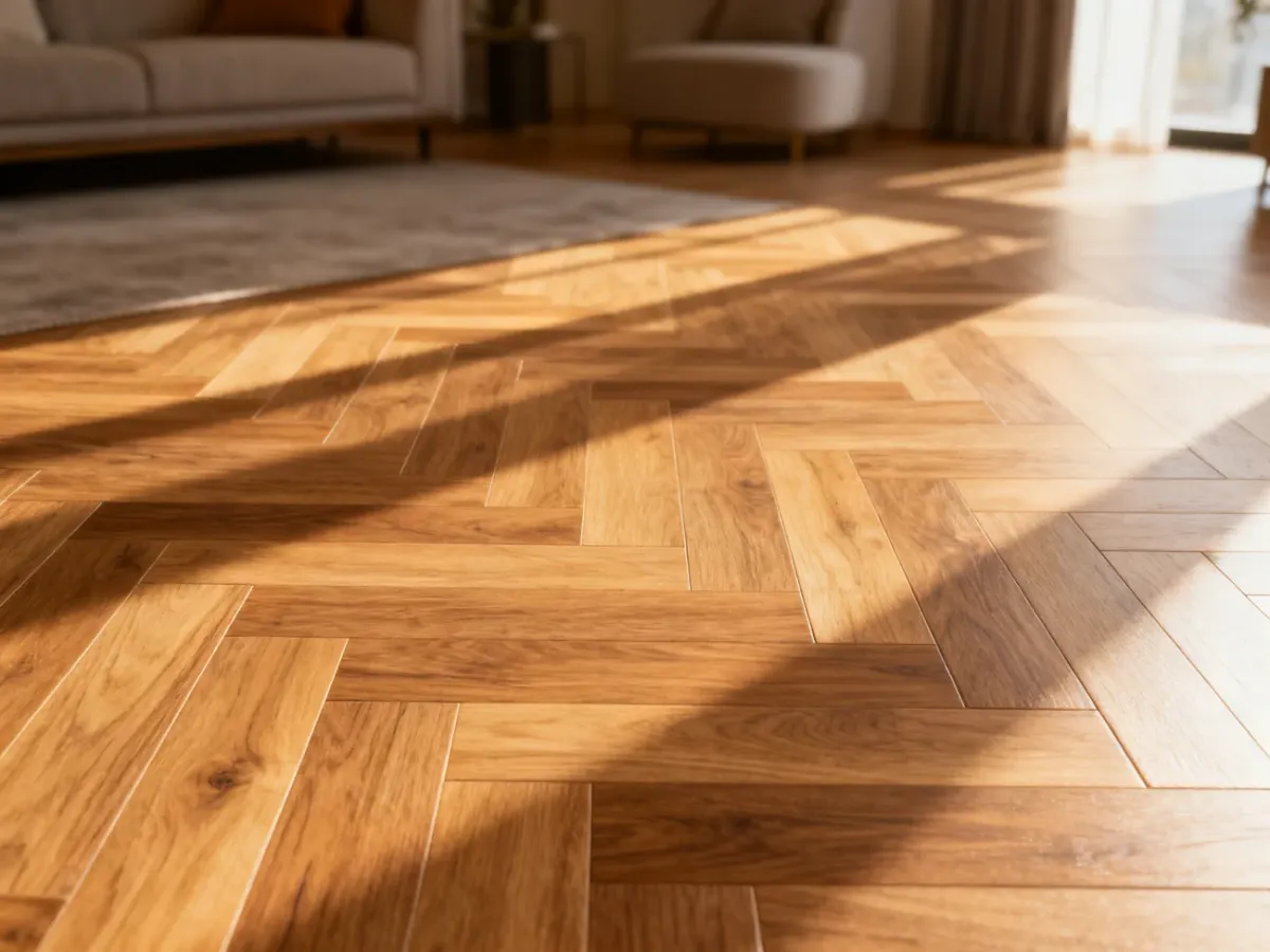 Panele laminowane ułożone w elegancki wzór jodełki w słonecznym salonie, podkreślające naturalną strukturę drewna.