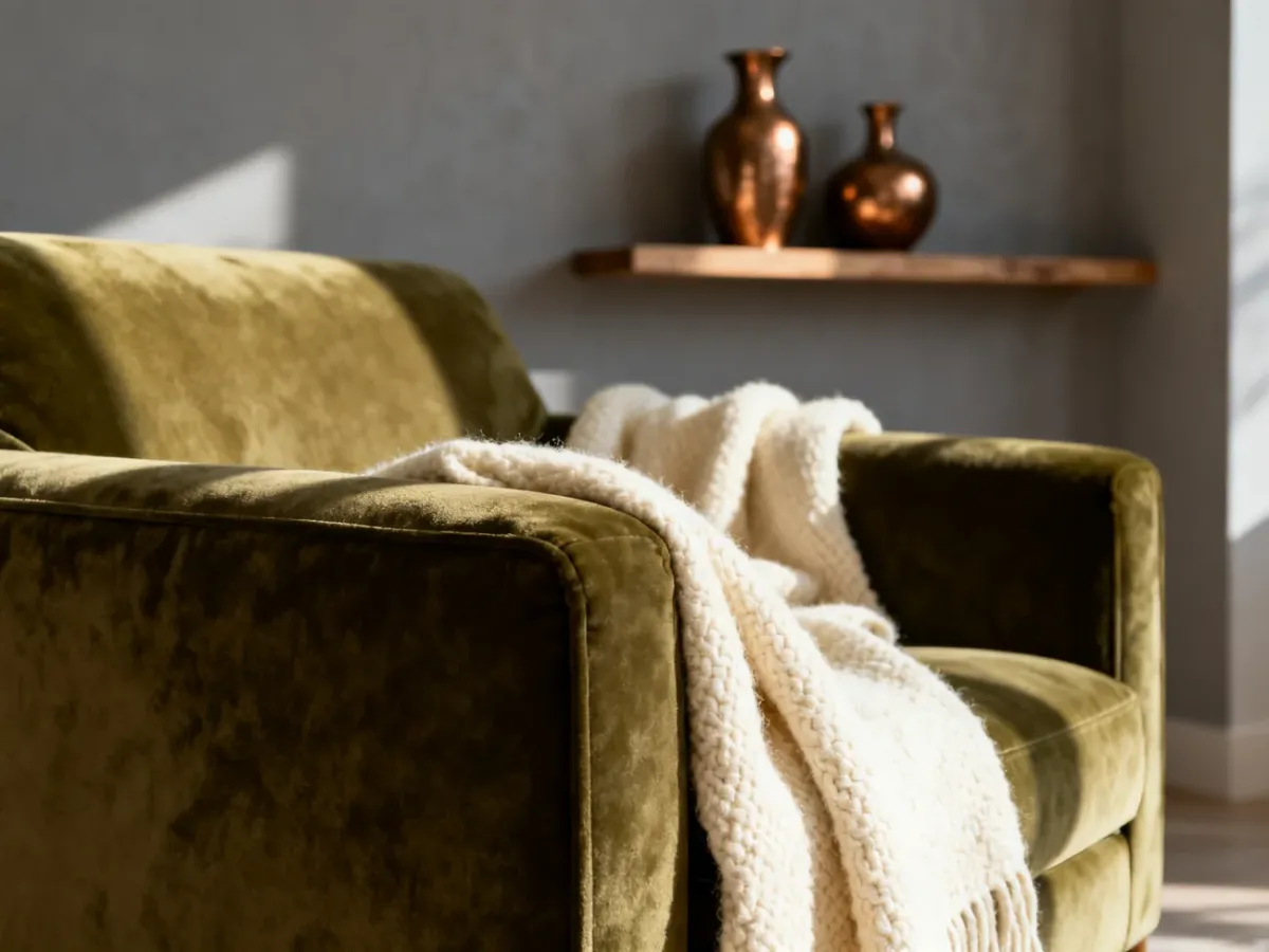 Nowoczesny salon z oliwkową kanapą, kremowym kocem i dodatkami w odcieniu brązu, utrzymany w ciepłej, ziemistej kolorystyce.