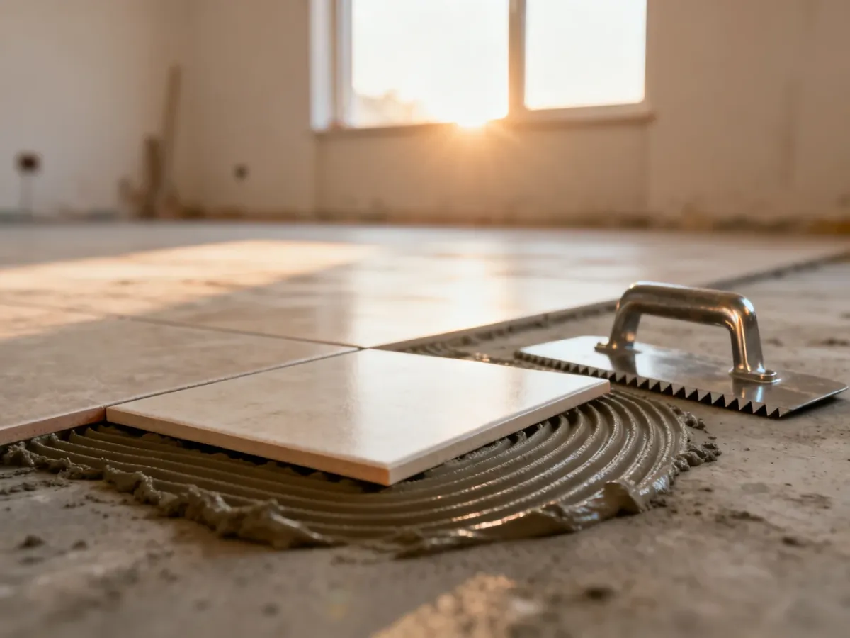 Płytka ceramiczna precyzyjnie układana na warstwie kleju na placu budowy w świetle porannego słońca.