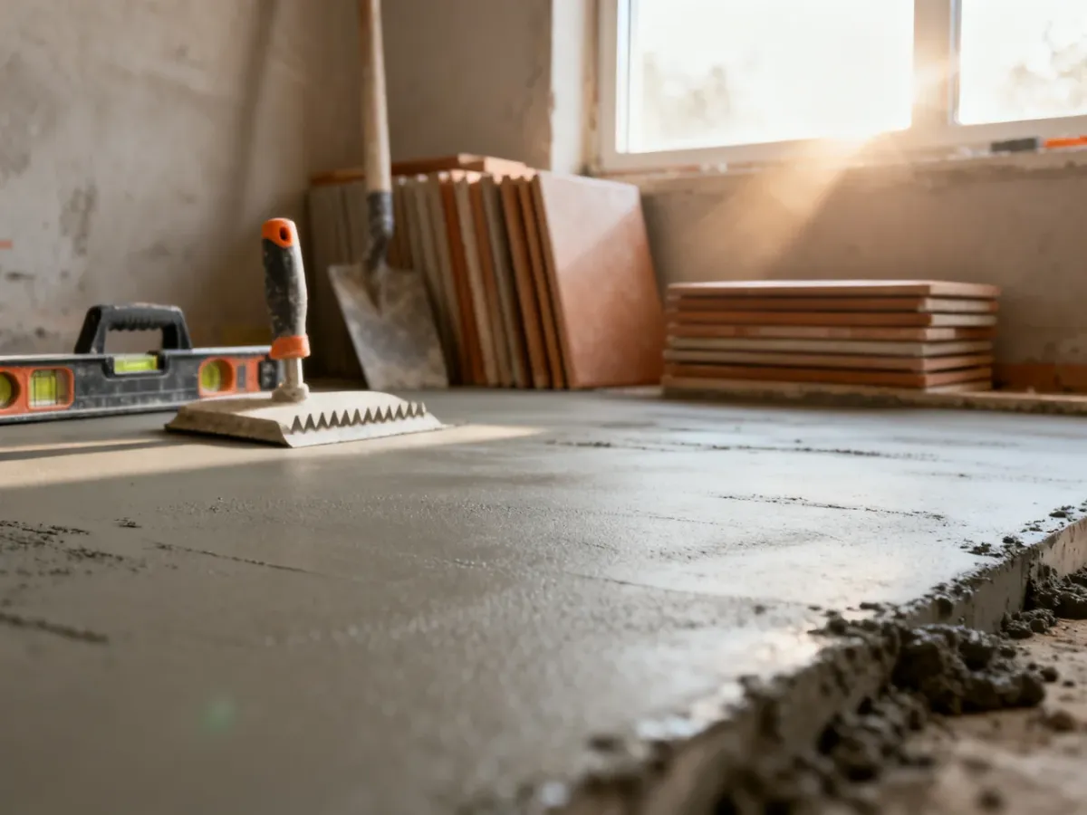 Świeżo wylana, gładka wylewka betonowa w przygotowaniu do układania płytek ceramicznych.