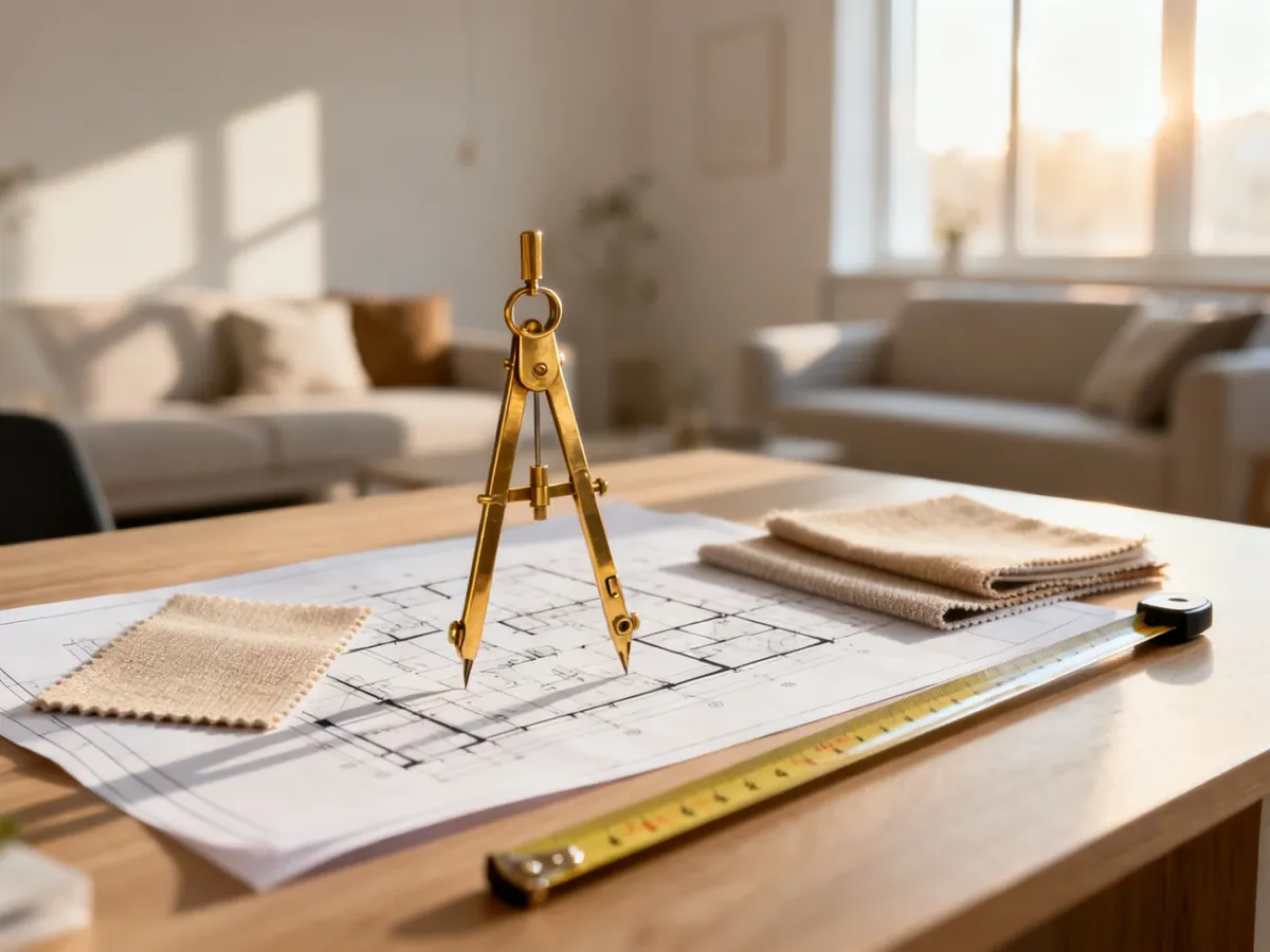 Projekt wnętrza domu z planami architektonicznymi, próbkami materiałów i narzędziami pomiarowymi na drewnianym biurku.